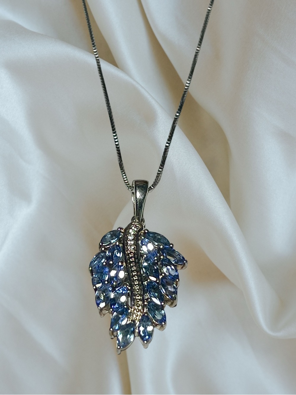Sterling Silver Leaf Pendant Necklacewith Tanzanite & Genuine Zircon 18”.